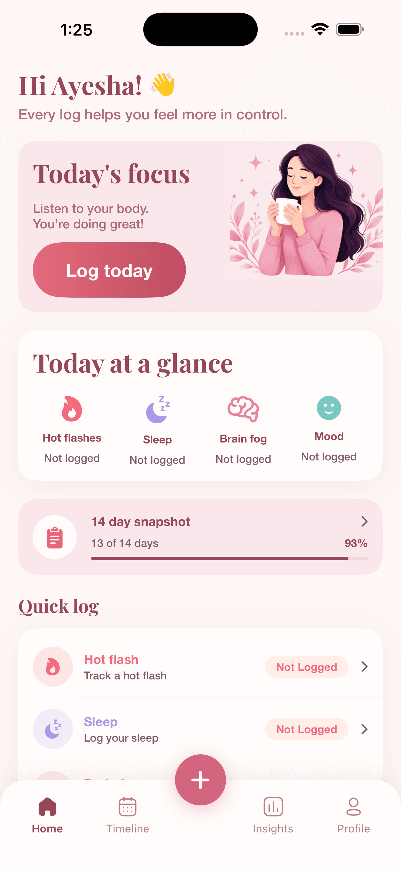 The Sathi home screen, showing today's focus, a symptom summary and a 14-day snapshot at 93 per cent.